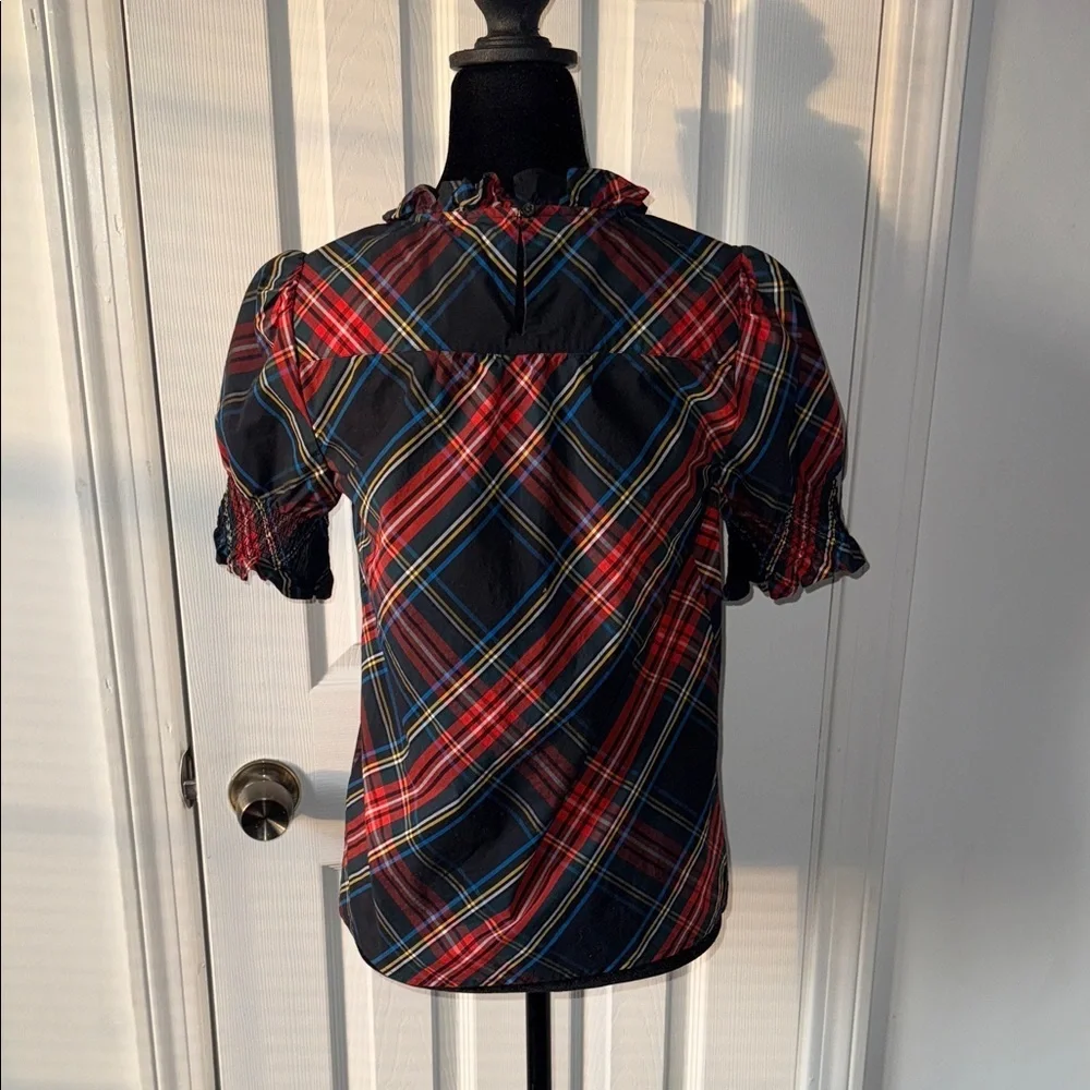 J.Crew Plaid Tartan Puff Sleeve Blouse Top XXS Cotton Holiday Preppy